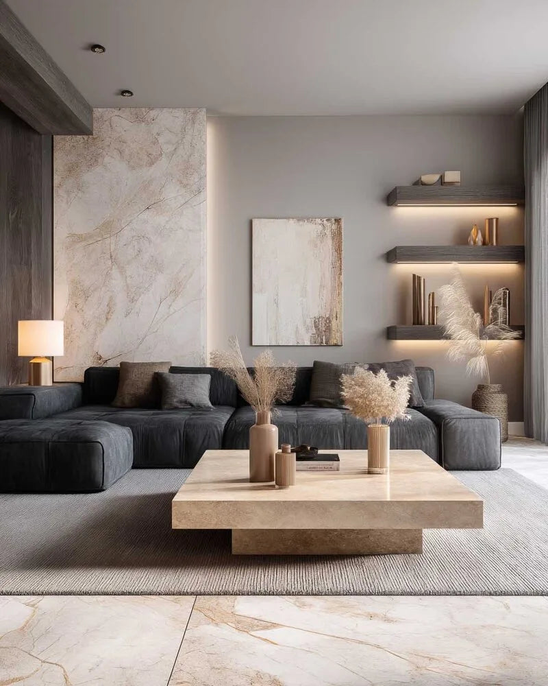 Modernes Wohnzimmer mit dunkelgraür Stoffcouch, niedrigem quadratischem Travertin-Couchtisch in Beige, Pampasgras und indirekt beleuchteten Wandregalen.