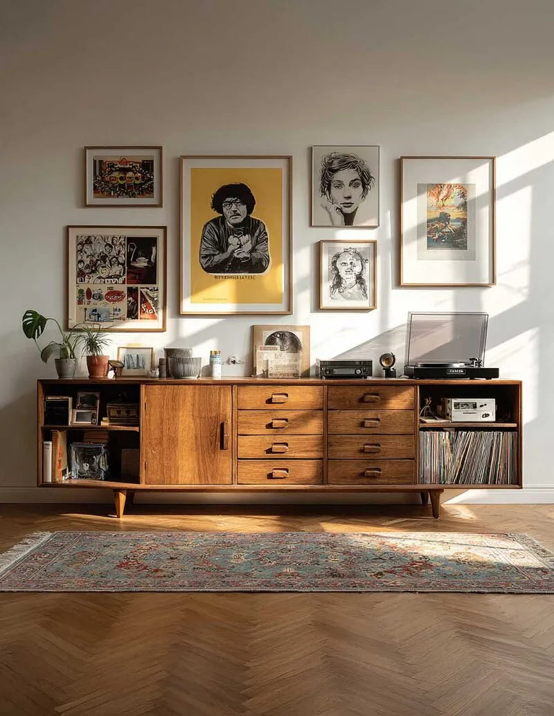 Niedriges Sideboard aus warmem Holz mit Schubladen und Schiebetüren, Plattenspieler und gerahmter Bildergalerie über Fischgrätparkett.
