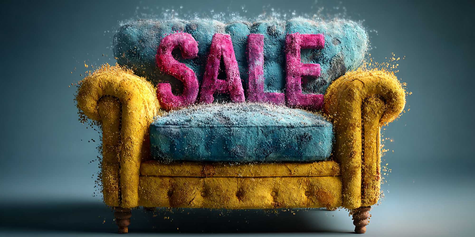 Ein gelbes Samtsofa mit dem Wort SALE in großen, rosafarbenen, unscharfen Buchstaben auf der Sitzfläche. Weiße Partikel schweben umher und sorgen für ein dynamisches, festliches Aussehen. Blauer Hintergrund.