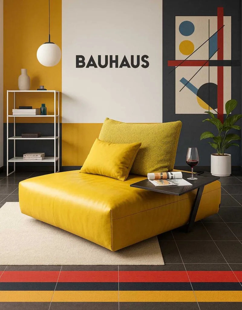 Bullfrog Loungesessel in Senfgelb mit Lederbezug und Bouclé-Kissen vor Bauhaus-Wand mit grafischem Wandbild und Regal.