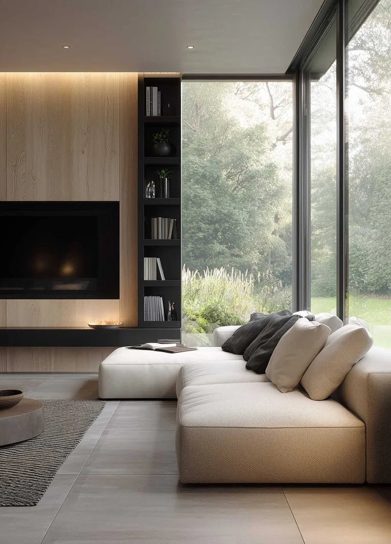 Modernes Wohnzimmer mit beigem Modulsofa, Kamin, Holzwand und Bücherregal in Schwarz, mit großem Fenster zum Garten.