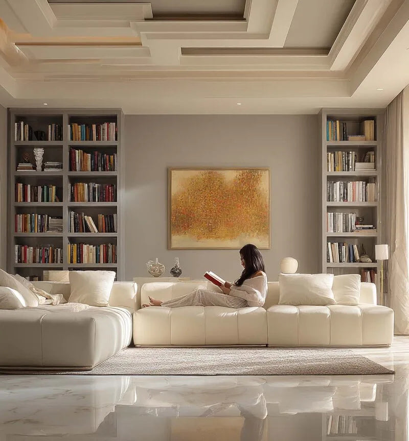 Großes cremeweißes Ledersofa mit tiefer Sitzfläche in elegantem Wohnzimmer mit Bücherregalen, Marmorboden und gedämpftem Licht.